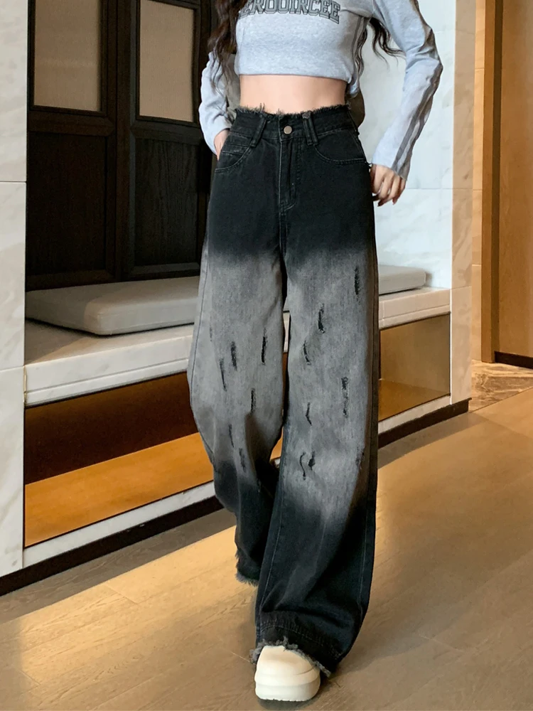 

Свободные модные широкие джинсы с высокой талией и градиентом, женские прямые джинсовые брюки с необработанными краями, женские брюки в стиле ретро