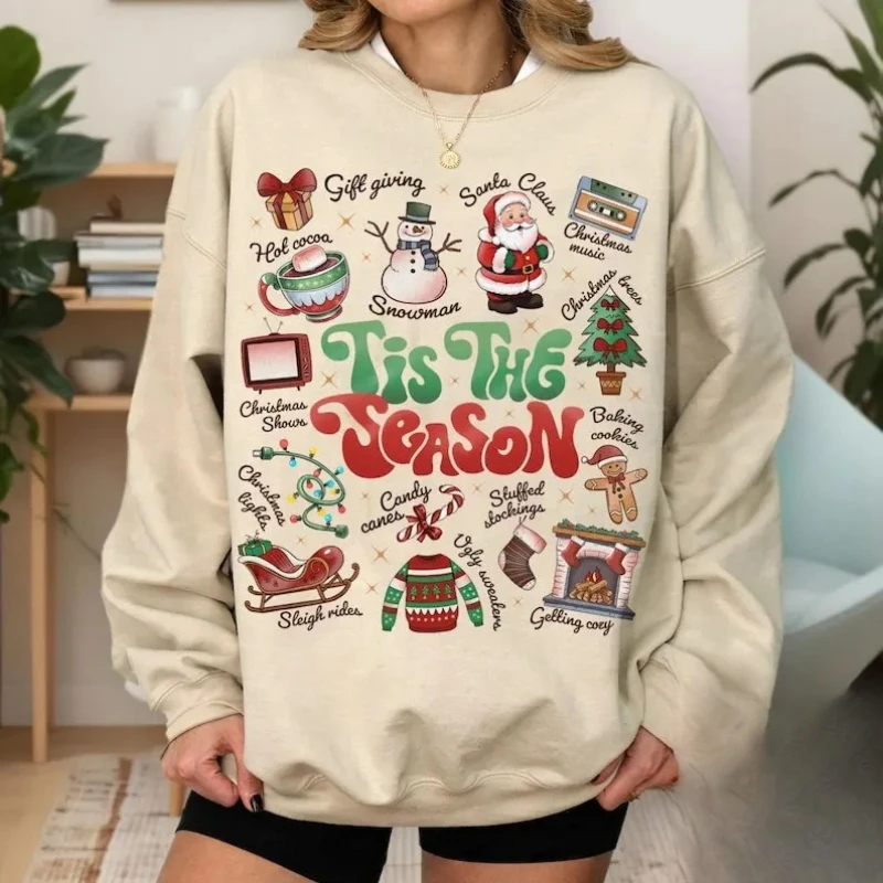 

Tis The Season Рождественский ретро свитшот с длинными рукавами Симпатичные топы с рождественской елкой и какао Кофе Забавный подарок Y2k Одежда Зимний пуловер