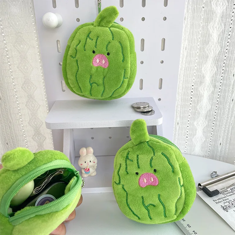 Cartoon Cute Bitter Gourd Coin Purse Lovely Wallet Portable Plush Coin Bag Lipstick Earphone Coin Organizer Zipper Storage Bag