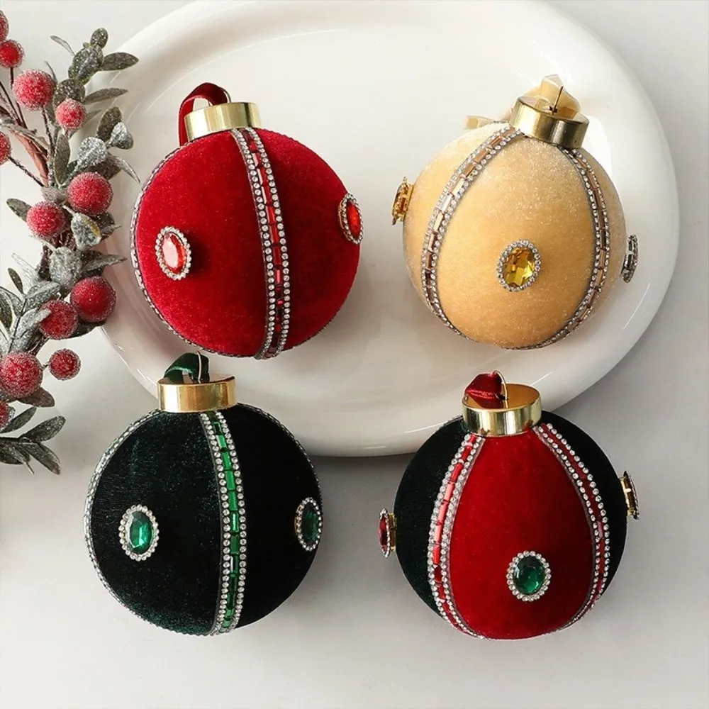 8cm Christmas Tree Ornaments Plastic Rhinestone Embellished Hanging Ball Ornaments Flocked Velvet Christmas Decorative Ball