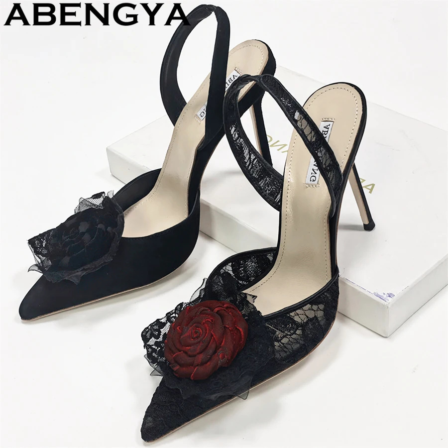 

Black Lace Pointy Toe Gladiator Thin High Heel Sandals Women Flower Stiletto Pumps Woman Summer Sexy Party Shoe zapatillas mujer