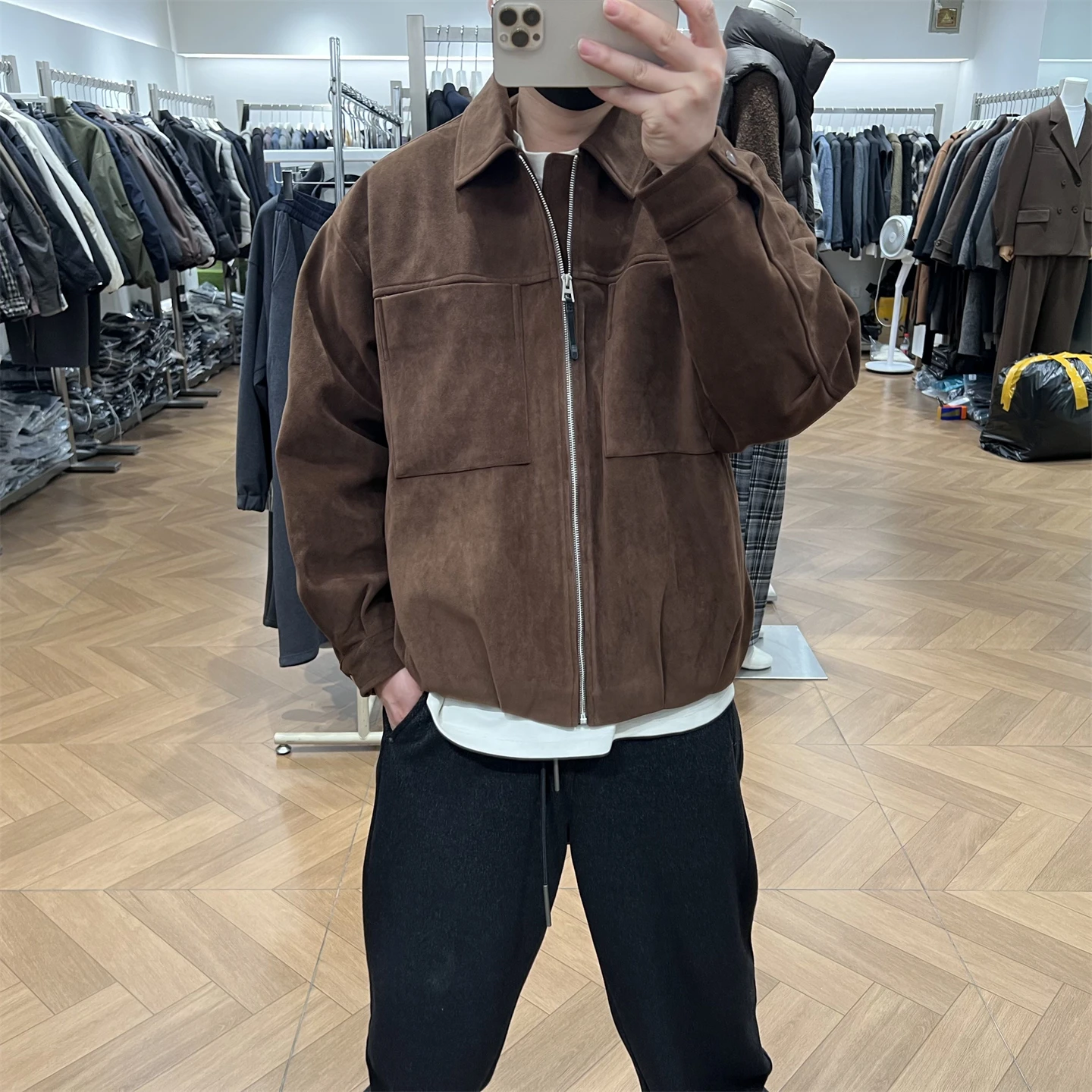 

Suede Du down Jaet Men's Winter American Retro Loose Sli Warmth Outerwear Long Sve Zipper Closure