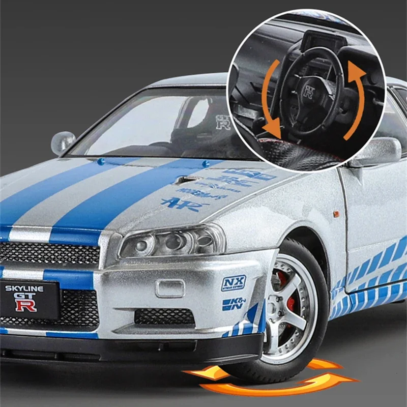 New 1:24 Nissan GTR R34 Skylin Fast & Furious Alloy Car Model Sound and Light Pull Back Childrens Toy Collectibles Birthday gift