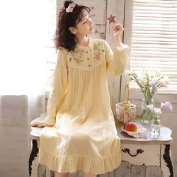 2024 New Pajama Dress Women's Spring Autumn Nightgowns Long Sleeves Embroidered Sleepshirts Girls Sweet Princess Home Clothes