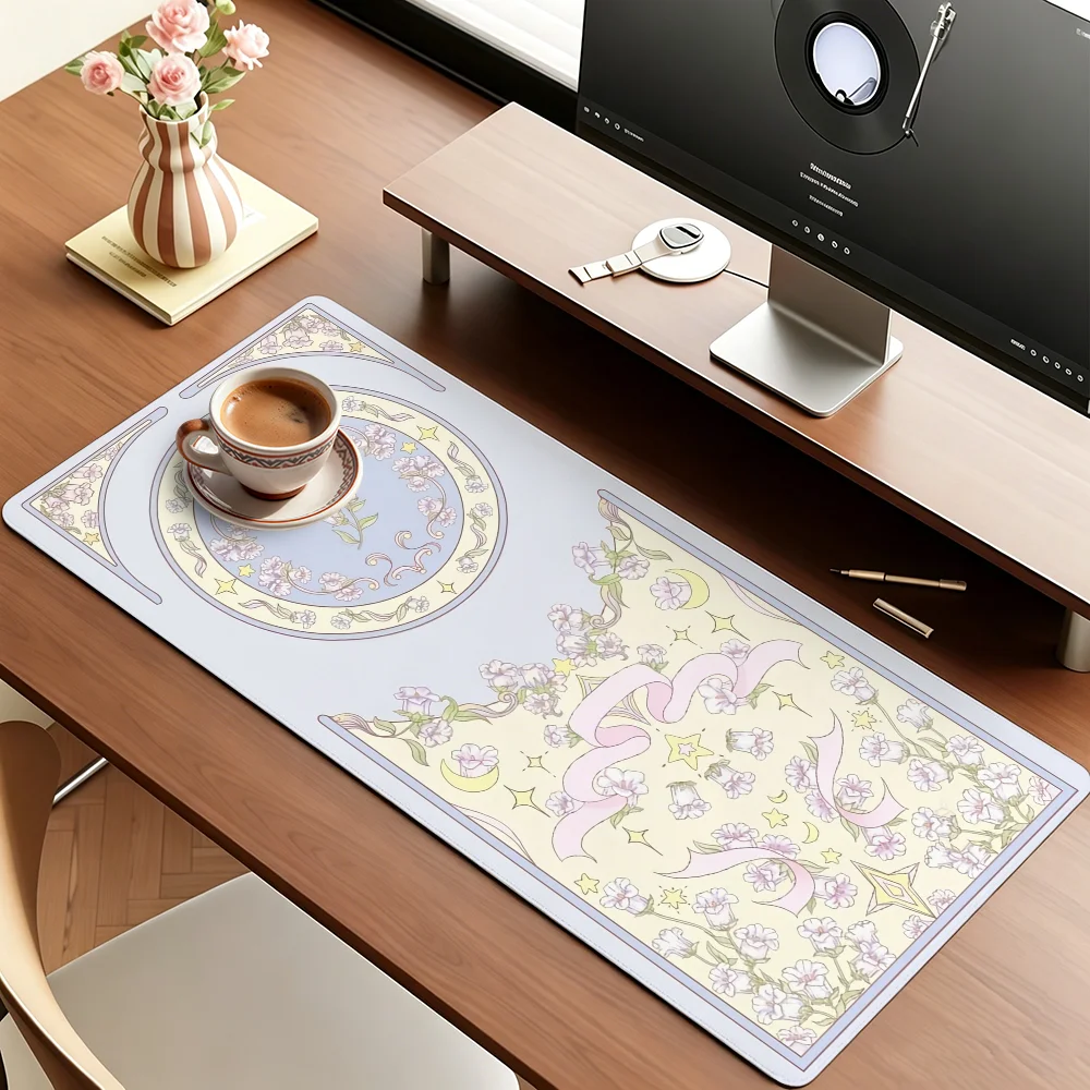 Green Plant Flower Aesthetics Rabbit Mouse Pad Large Non-Slip Waterproof Mat Stitched Edge Keyboard Pad for Gaming Daily Office