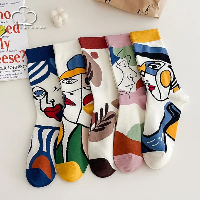 

2024 Women Socks Skateboard doodle painting Plant Kawaii Funny Happy Casual Female Cotton Hosiery Streetwear Skate Harajuku