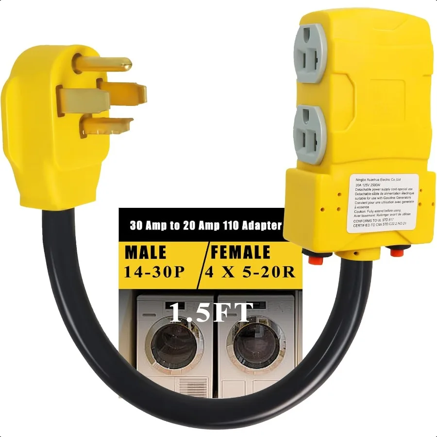 

Dryer Adapter 30 Amp 240V to 20 Amp 15 Amp 110V Adapter NEMA 1430P to 4X 520R 515R 4Prong Dryer Male Plug to Four TBlade Househ