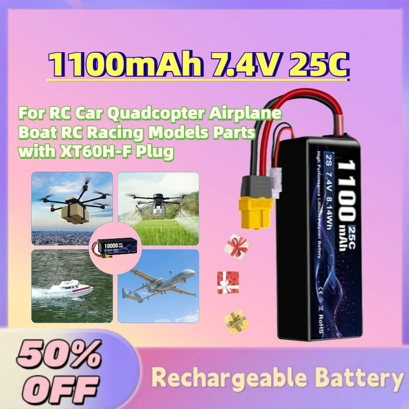 

In Stock New 1100mAh 7.4V 25C Lipo Drone Battery for RC Car Quadcopter Airplane Boat RC Racing Models Parts with XT60H-F Plug
