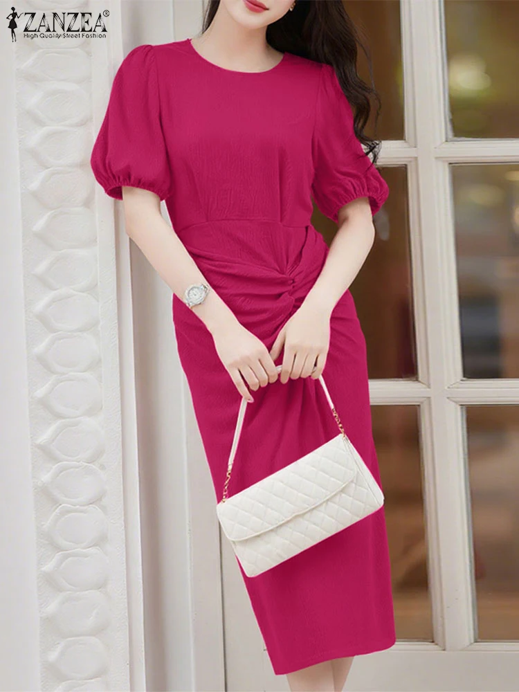 

ZANZEA 2025 Women Pleated Dress Fashion Short Sleeve Sundress Elegant Office Work Vestidos Casual Loose Mid-Calf Robe Femme