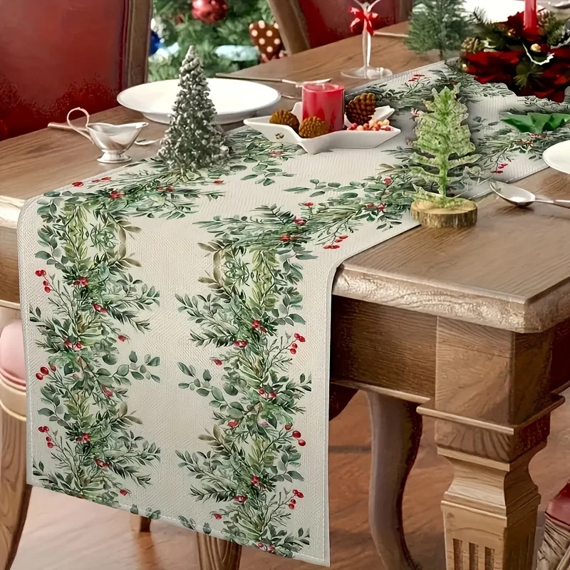 Merry Christmas Holly Berry Linen Table Runner Party Decor Winter Holiday Kitchen Dinning Table Runners Christmas Decorations