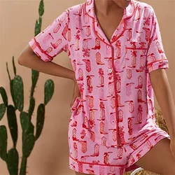 2000s Pajamas Women Boots Print Single Breasted Short Sleeve Shirts Tops and Shorts y2k Clothing Nightwear Sleepwear