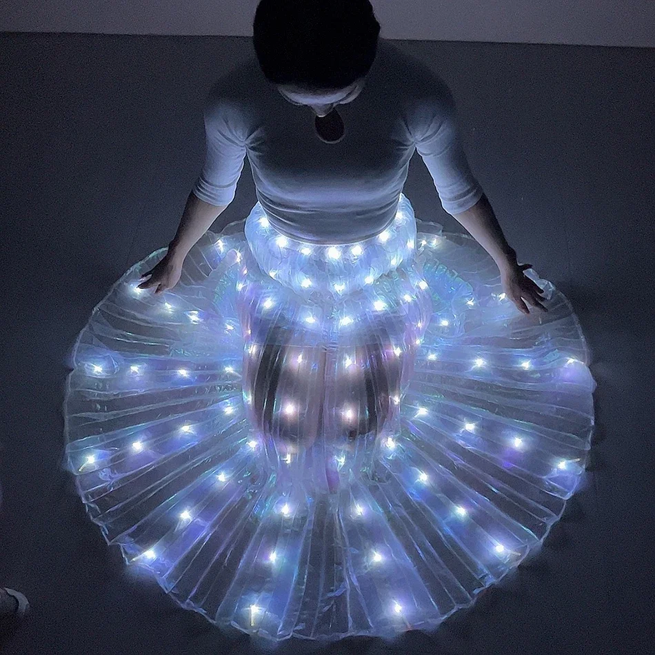 New LED Light-emitting skirt White Charging Style Pleated Large Swing Skirt Transparent Dance Props Belly Dance Performance