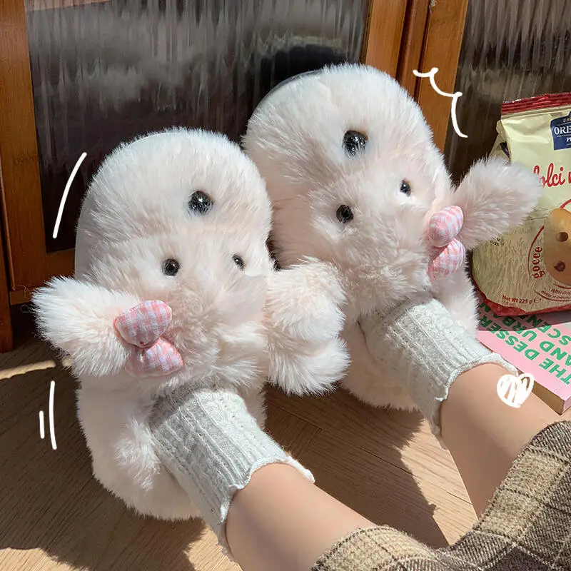 Zapatillas de interior con forma de cachorro peludo para mujer, pantuflas de casa de piel suave y gruesa con parte inferior suave, chanclas peludas con lazo dulce para invierno 2025