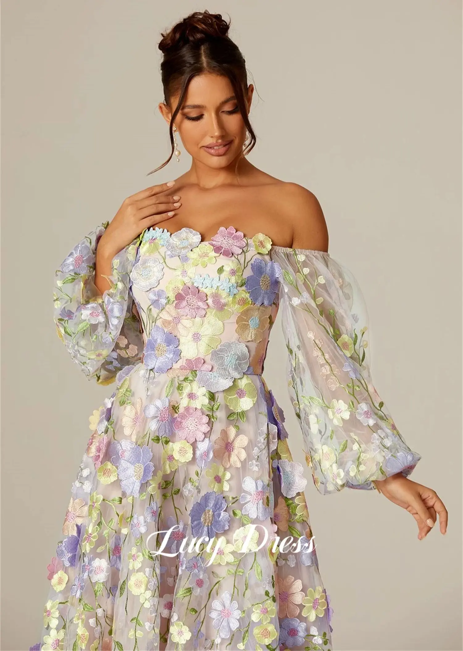 Lucy Line A Medium Length Wedding Party Dress Three-dimensional Flower Fabric Puff Sleeves Evening Dresses Women Parties Prom