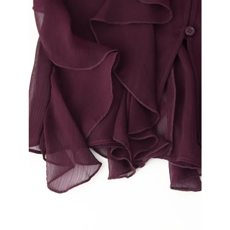 Women's Tops Summer Trendy V-neck Ruffles Pleats Shirt Luxury Brand Design Blouse Single-breasted Long-sleeved Top Blouses