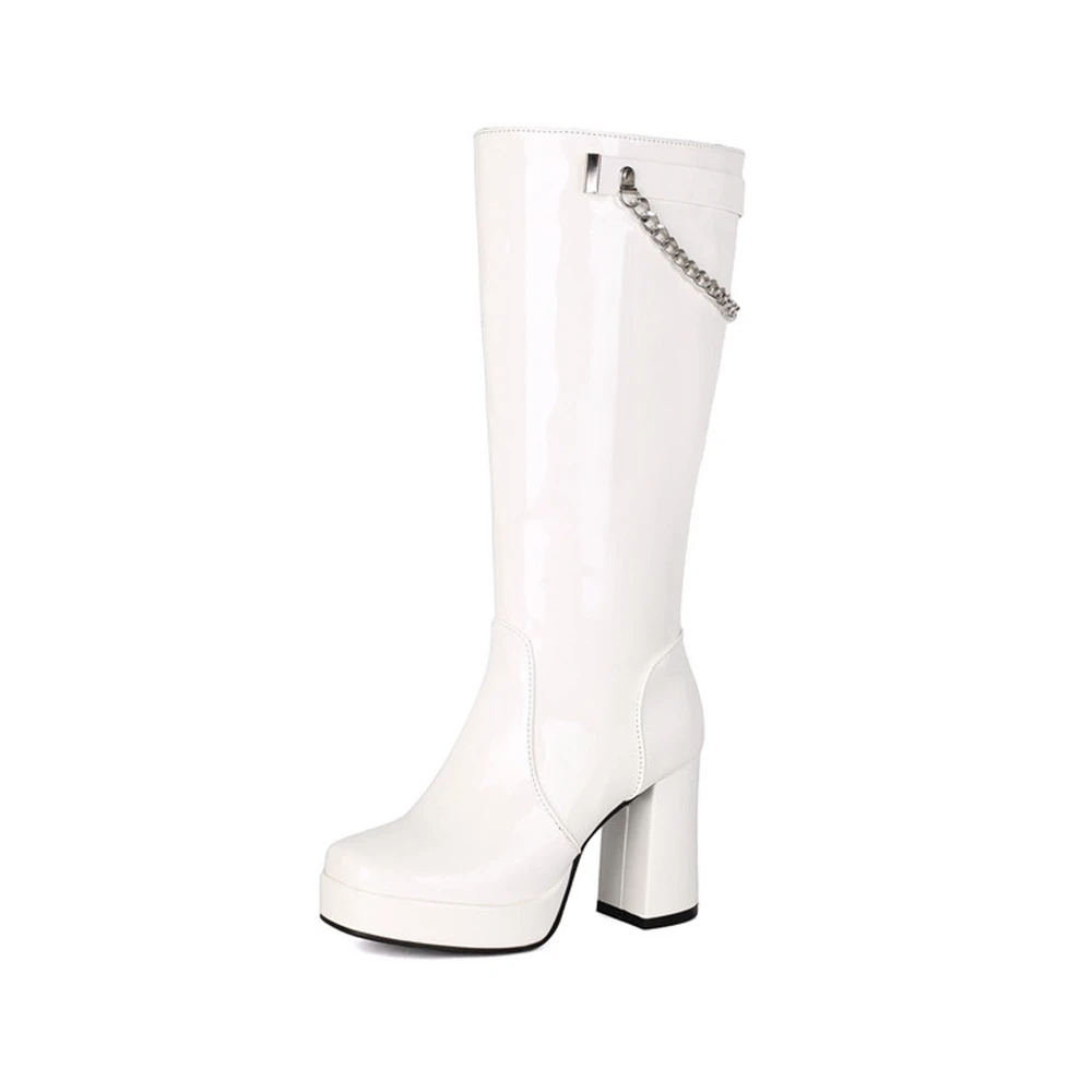 Women Chain Decor Knee‑High Boots Platform Block Heel Side Zipper Long Fashion Boots 34‑45 732-2
