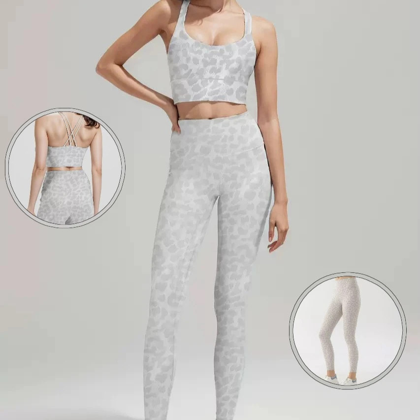 

Women's Two Piece Workout Set Print High Waist Crop Yoga Pants with Cross Front Push Up Sports Bra, Back Design Gym Outfit