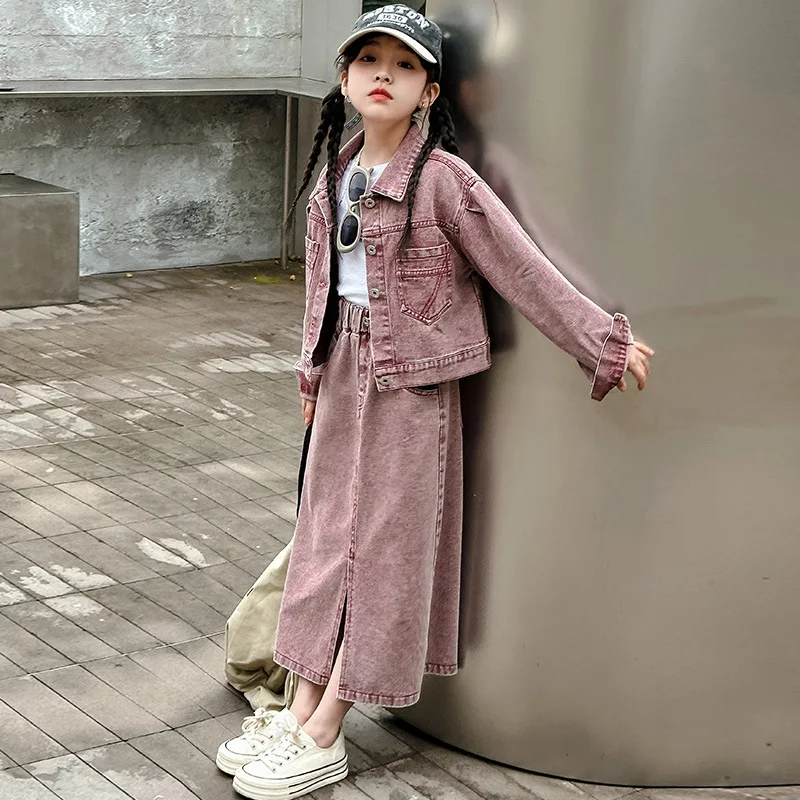 

2024 Korean Spring Autumn School Girl Denim Suit School Girl Single-breasted Jacket+Straigh Split Skirt Set For Girls 4-12Yrs