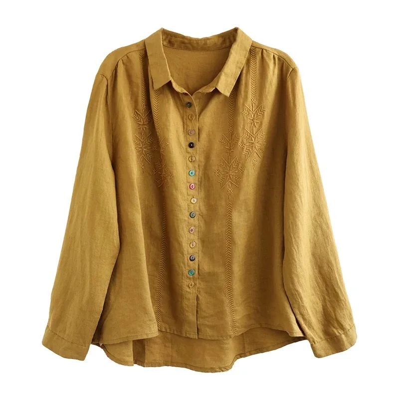 الرجعية المطرزة زر القطن الكتان المرأة ربيع الخريف فضفاضة سليم صالح طويل Sve irt طوق الأعلى