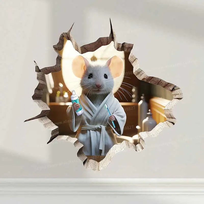 فتحة ماوس لطيفة، ملصق جدار للأسنان في فتحة الحائط، ملصق ثقب الماوس، ملصق جداري لفرشاة الحمام على شكل فأر S794