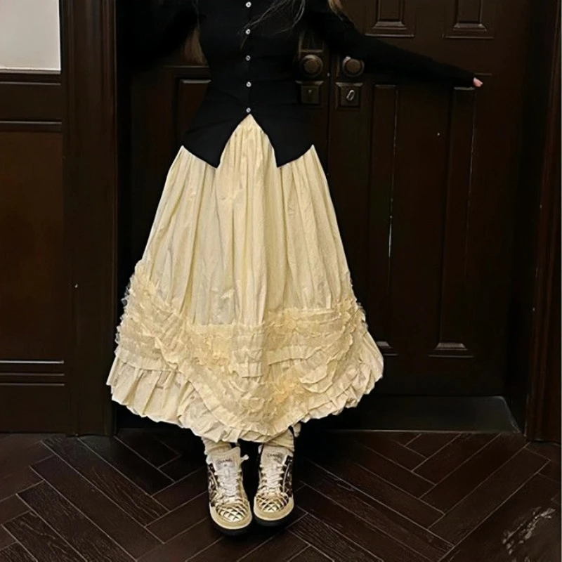 Koreanische Vintage-Mode für Damen: Eleganter, bauschiger, mehrlagiger Maxirock im Lolita-Prinzessinnen-Stil mit Rüschen und Falten, A-Linie, langer Rock