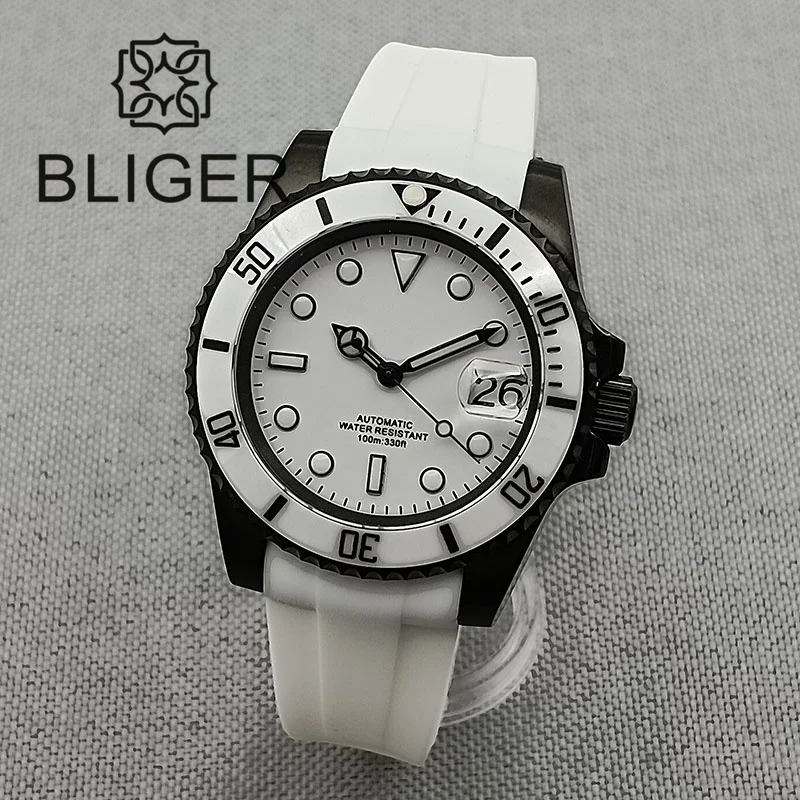 BLIGER 40mm NH35A Automatic Watch For Men White Ceramic Bezel Black PVD Coat Case Green Luminous Date Magnified Rubber Strap