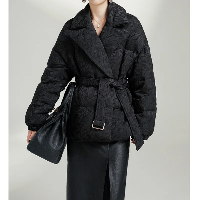 Hotcial Winter 2025 Women High Level 90% Goose Down Jacket Parkas Jacquard Solid Black Long Sleeve Warm Puffer Coat For Women