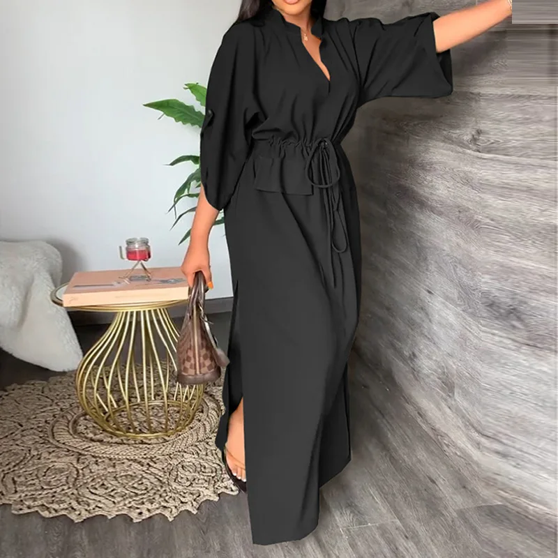 

New Amazon European American Women's Clothing Temperament V-neck Lace-up Waist Loose Casual Large-size Dress Elegant Breathable