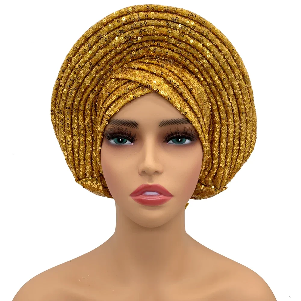 Nigeria Wedding Geles Female Head Wraps Lady Headpiece NEW Sequins Turban Cap for Women Ready to Wear African Auto Gele Headtie