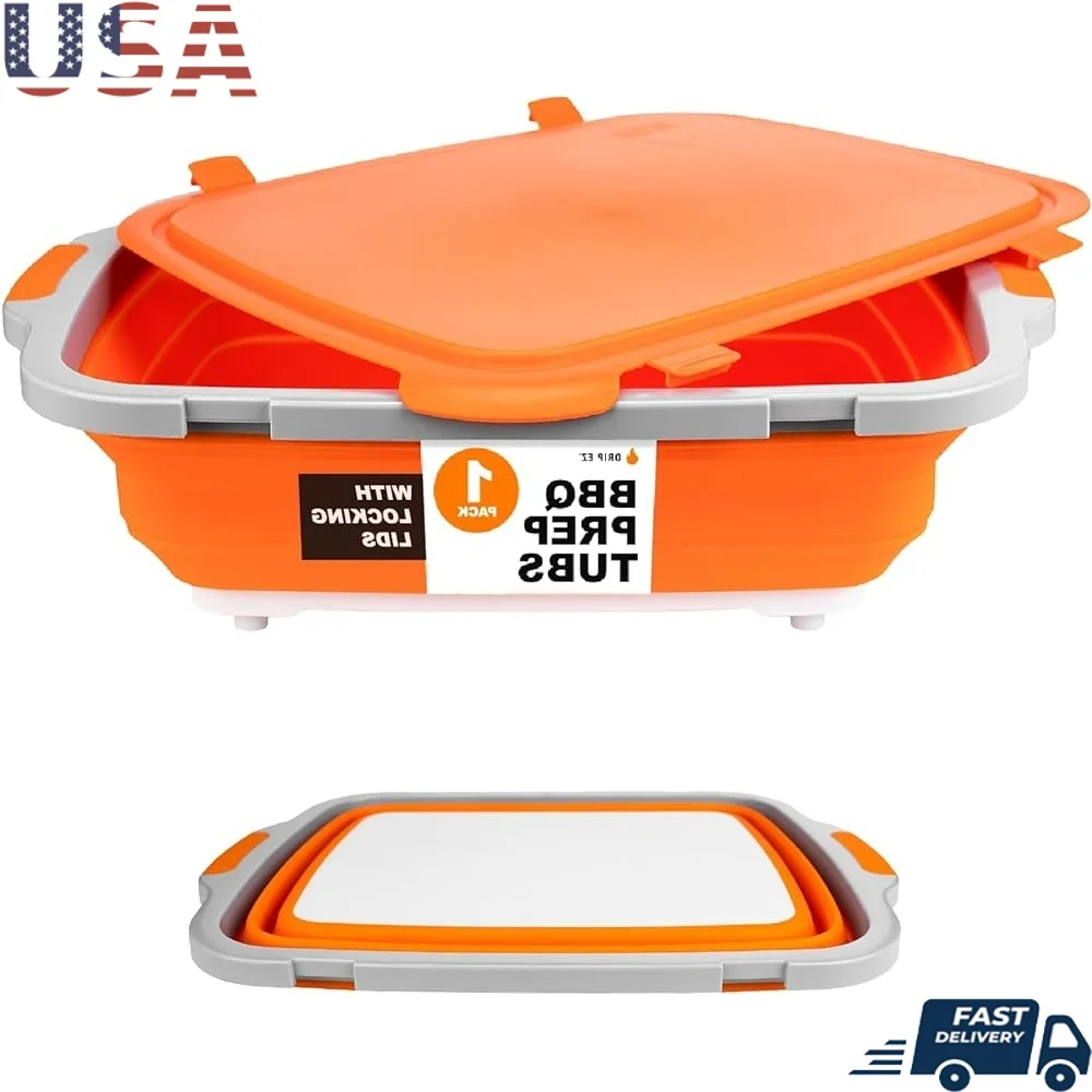 

Collapsible Meal Prep Tub BBQ Storage Cutting Board Locking Lid Compact Transport Outdoor Cooking Easy Clean Durable