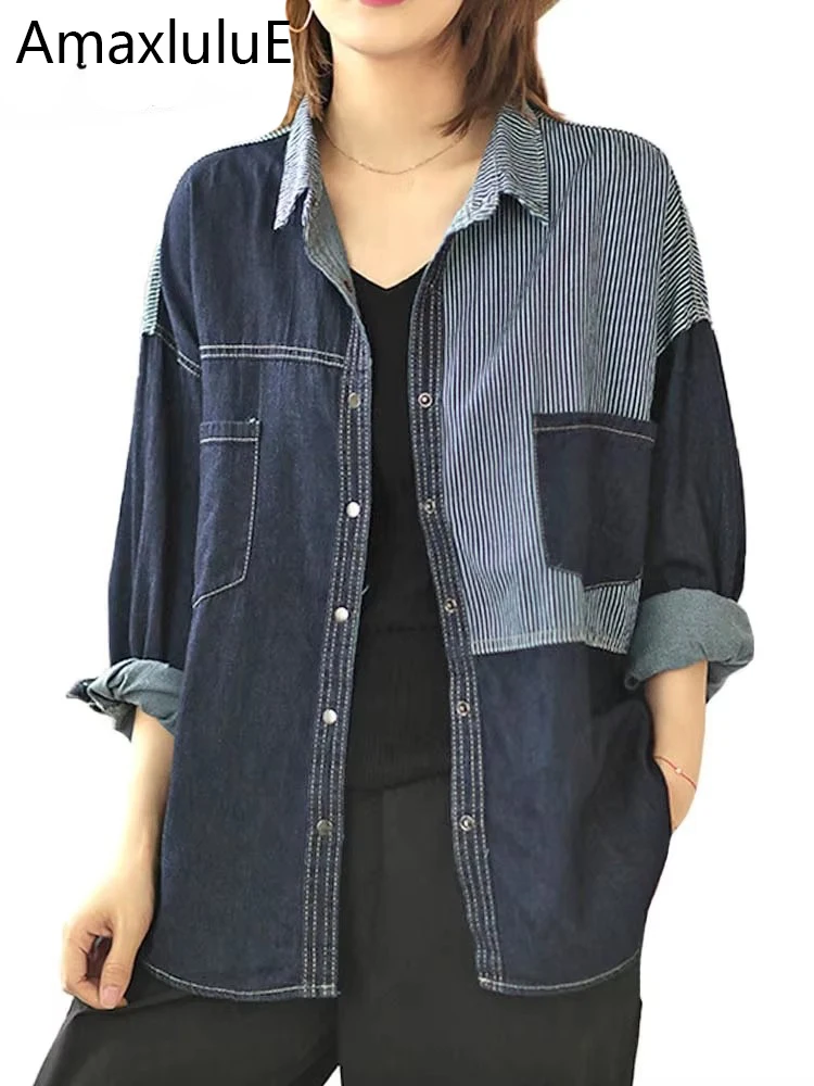 

Amax luluE корейские весенние женские модные полосатые джинсовые рубашки женские классические повседневные свободные блузки винтажные роскошные лоскутные топы