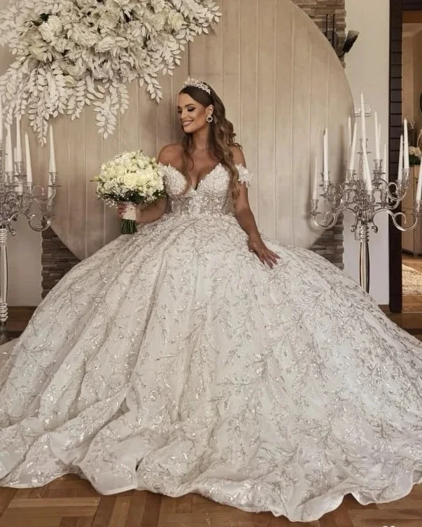 Luxury Sparkly Wedding Dress for Women V Neck Ball Gown Bridal Dress Elegant Puffy Princess Wedding Gown Vestido De Novia
