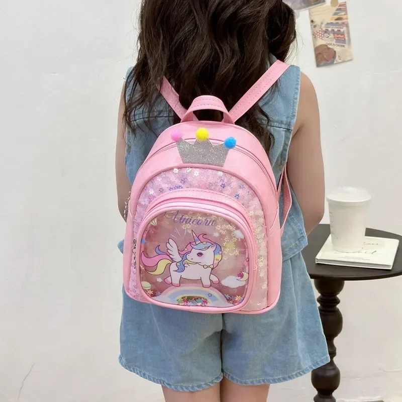 Coroa bonito dos desenhos animados saco glitter mochila bolsa pu unicórnio mochilas para crianças meninas fãs (rosa)