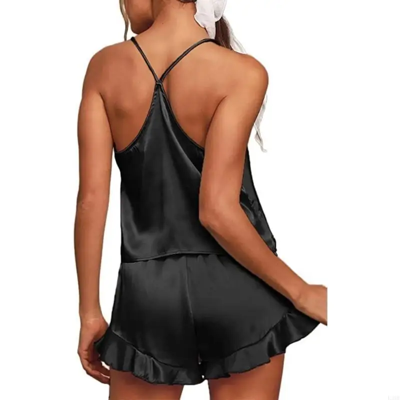 L38E Womens Satin Sleepwear V-Neck Cami Top and Ruffle Trim Shorts 2 Pieces Plain Pajamas Set