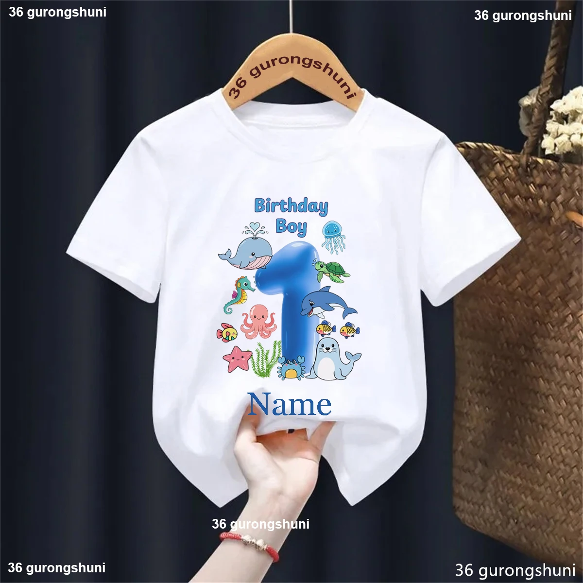 Personalized Name Ocean Themed Boy Birthday Party T-Shirt, Boys Birthday Tee Printed Whales, Starfish, and Turtles T-Shirt Gift
