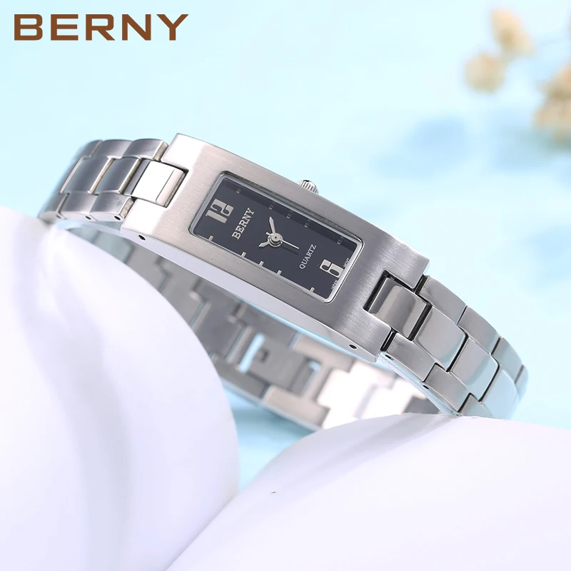 Reloj BERNY para mujer, esfera cuadrada de cuarzo, vestido de acero inoxidable, reloj de pulsera Rectangular, reloj para mujer, relojes impermeables