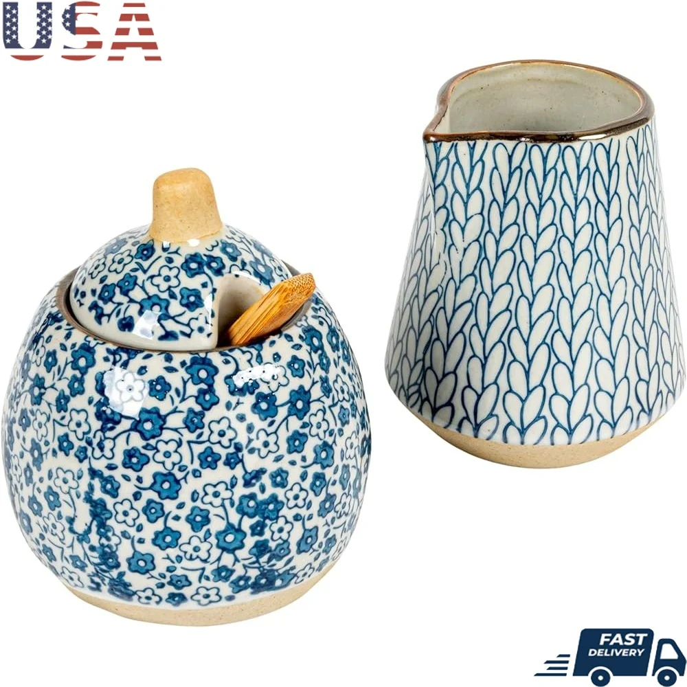 

Hand-Painted Stoneware Sugar Creamer Set 2 Piece Decorative Bowl Spoon Easy Pour Spout Breakfast Tea Time Kitchen Decor