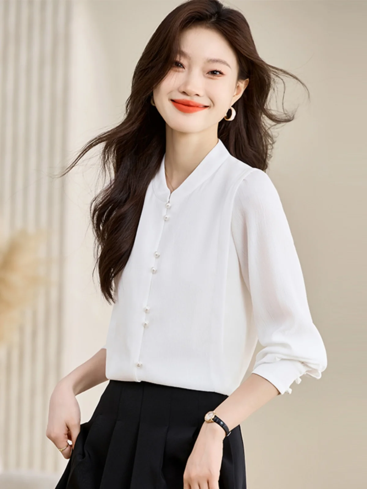 

White Long Sve Women's Faionable Chiffon irt Commute Profional Clothing Ele Aosphere irt Korean Sle Strai...