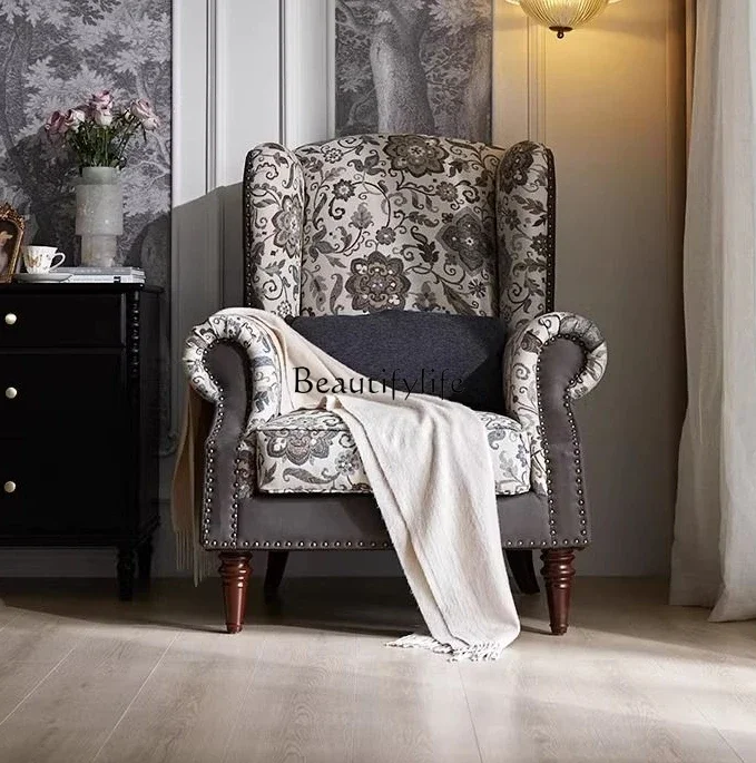 

LD6American Retro Wingback Chair Single Living Room Sofa Fabric Solid Wood Sofa Bedroom