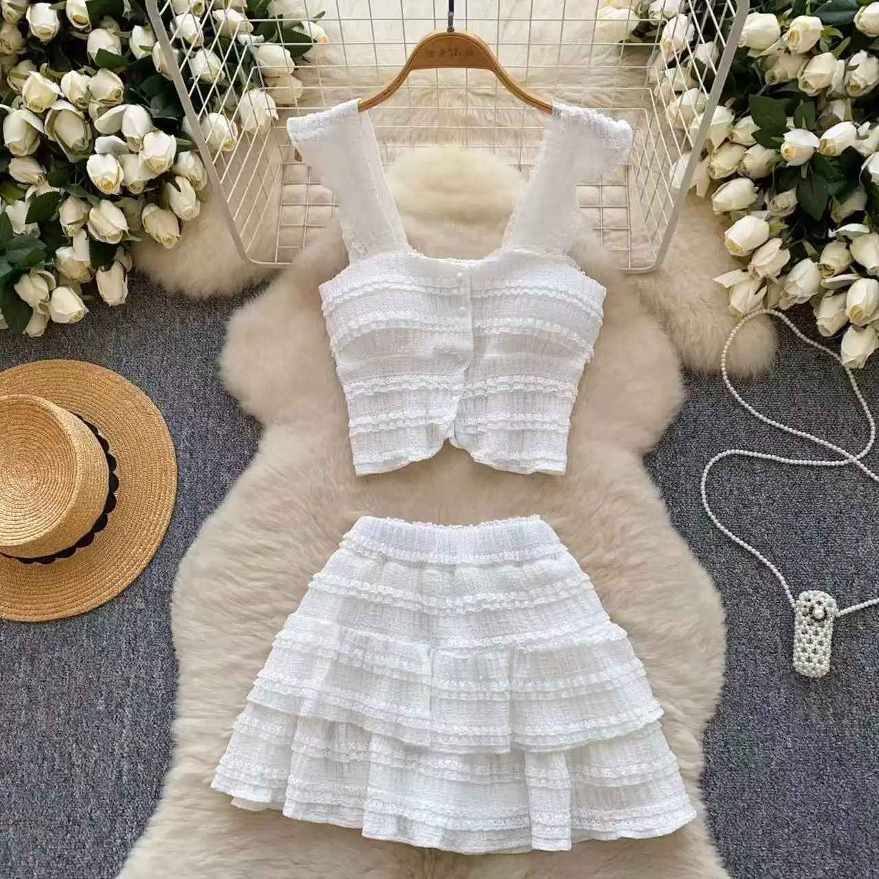 

Girls' European and American Hot Girl Summer Set Youth Women's New Style Ear Ear Edge Strap strapless Tank Top+Skirt 2-Piece Set