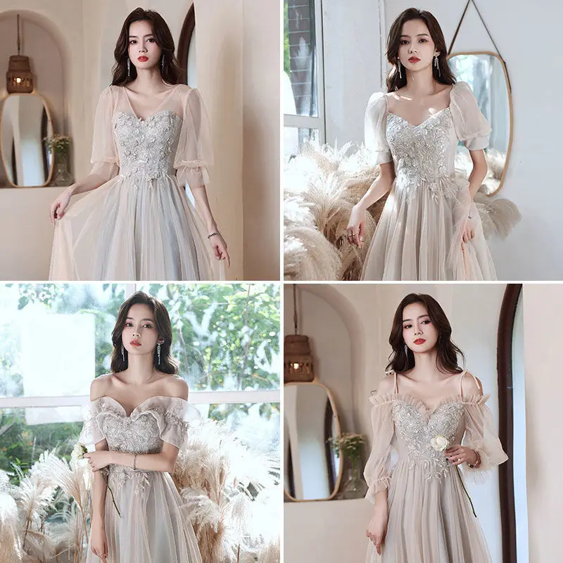 Long Bridesmaid Dress 2023 New Grey  Embroidered Tulle A-Line Formal Banquet Gown Simple Elegant Wedding Sisters Group Dresses