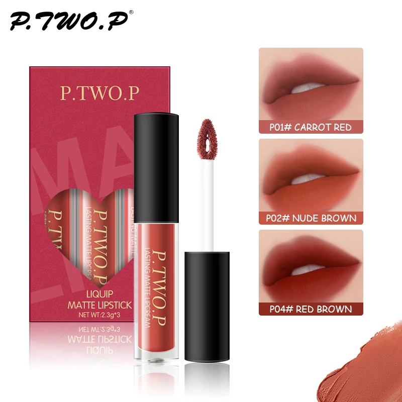 P. Tw O.p 3 Stks/partij Langdurige Vloeibare Matte Lipgloss Vloeibare Lippenstift Lippenstift Make-Up Schoonheid Rode Anti-Aanbakbeker Waterdichte Lipgloss