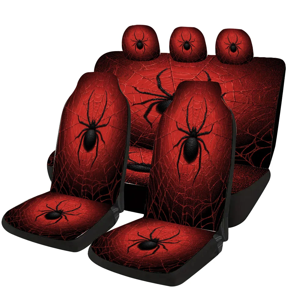 A Terrifying Themed Car Seat Cover Set Featuring Black Spiders And Red Webs, Suitable For Most Vehicles. This Stylish And Unique