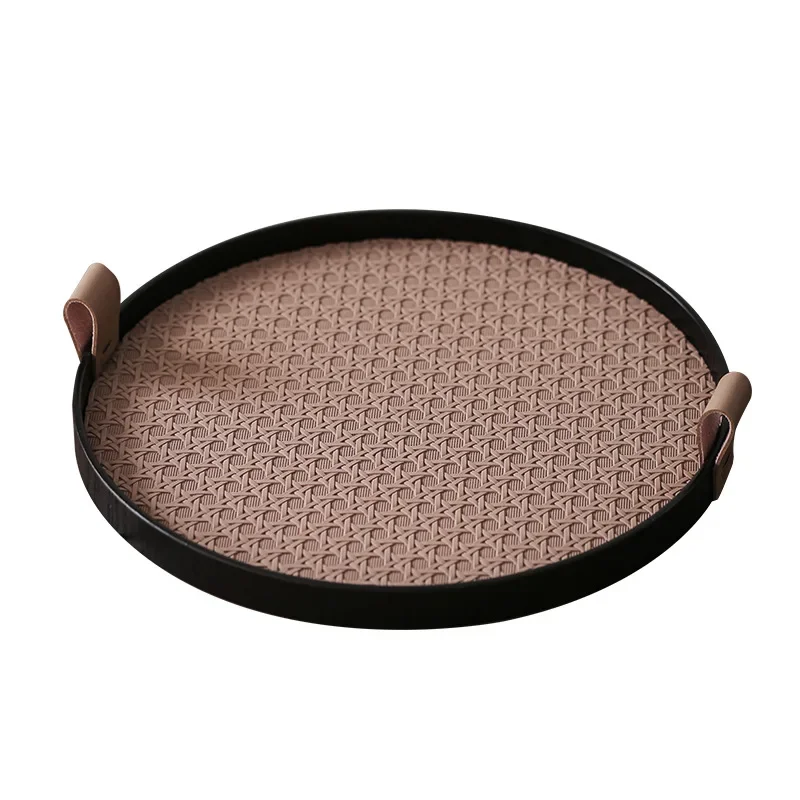 Leather tray retro storage tray living room coffee table dining room light luxury wooden storage disc decoration