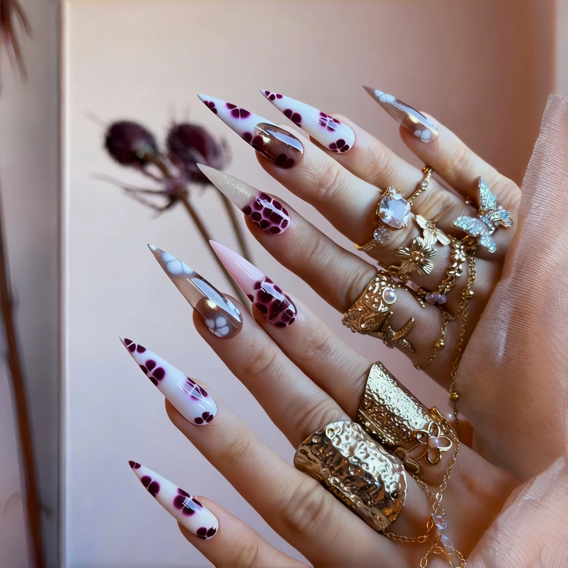 

24pcs Purple Petals Decor False Nails Spicy Girls Long Pointed Sweet Cool Fake Nail Tips European Leopard Printed Press on Nails