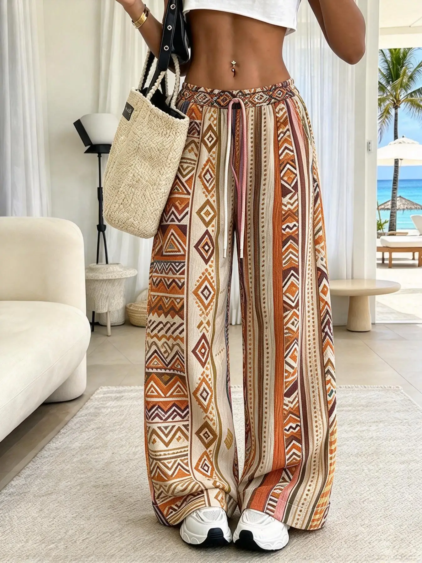 Women Low Waist Wide Leg Pants Boho Geometric Striped Print Drawstring Elastic Loose Beach Trousers