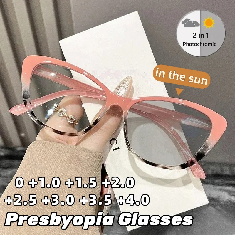 

Stylish Cat-Eye Photochromic Anti-Blue Light Presbyopia Glasses Unisex High-Definition Ultra-Light Reading Eyewear 0 To +4.0