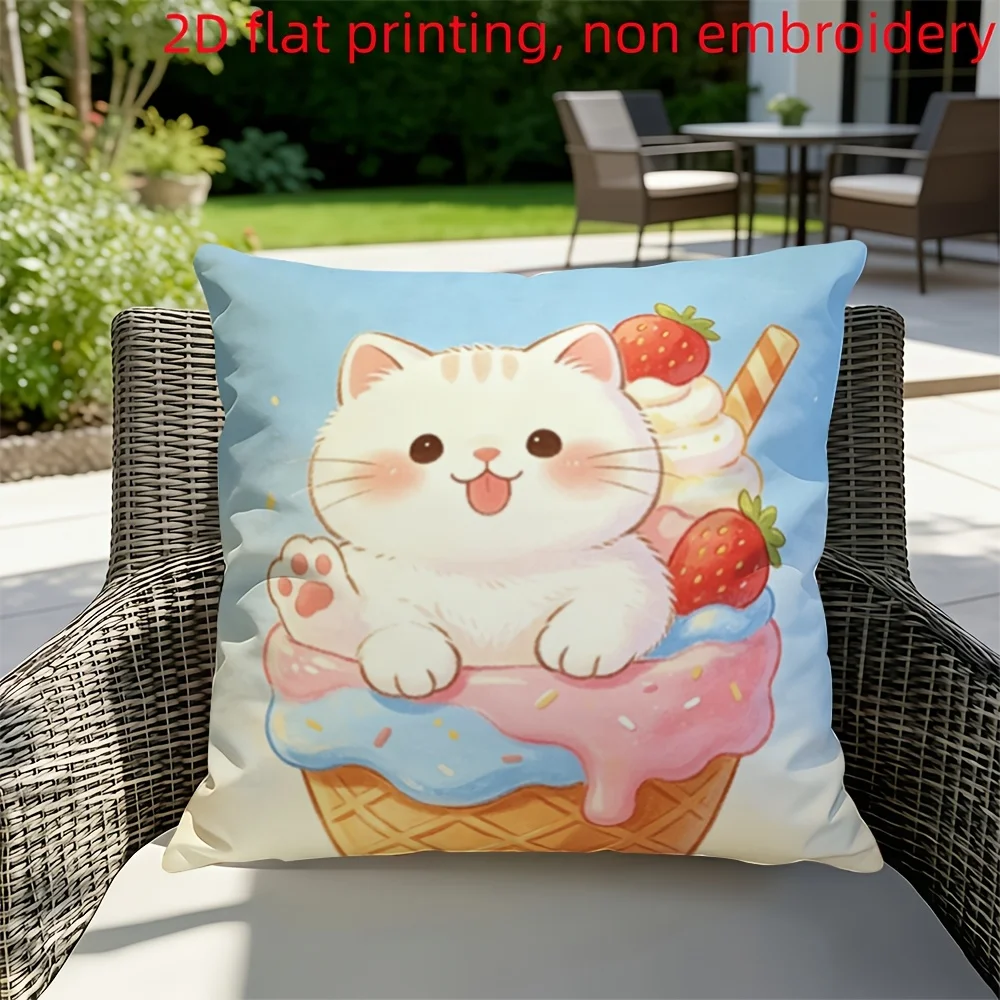 Cute White Cat Ice Cream Pillowcase, Kawaii Strawberry Dessert Cushion Cover, Sweet Cartoon Pet Art, Kids Room Decor, Soft Home