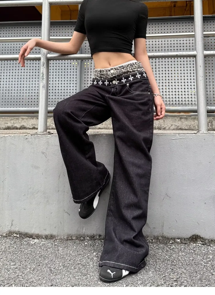 Women's Leopard Print Splicing Design Jeans Baggy Trousers Cool Girl Bottoms Unisex Pants Female High Waist Wide-leg Sweatpants