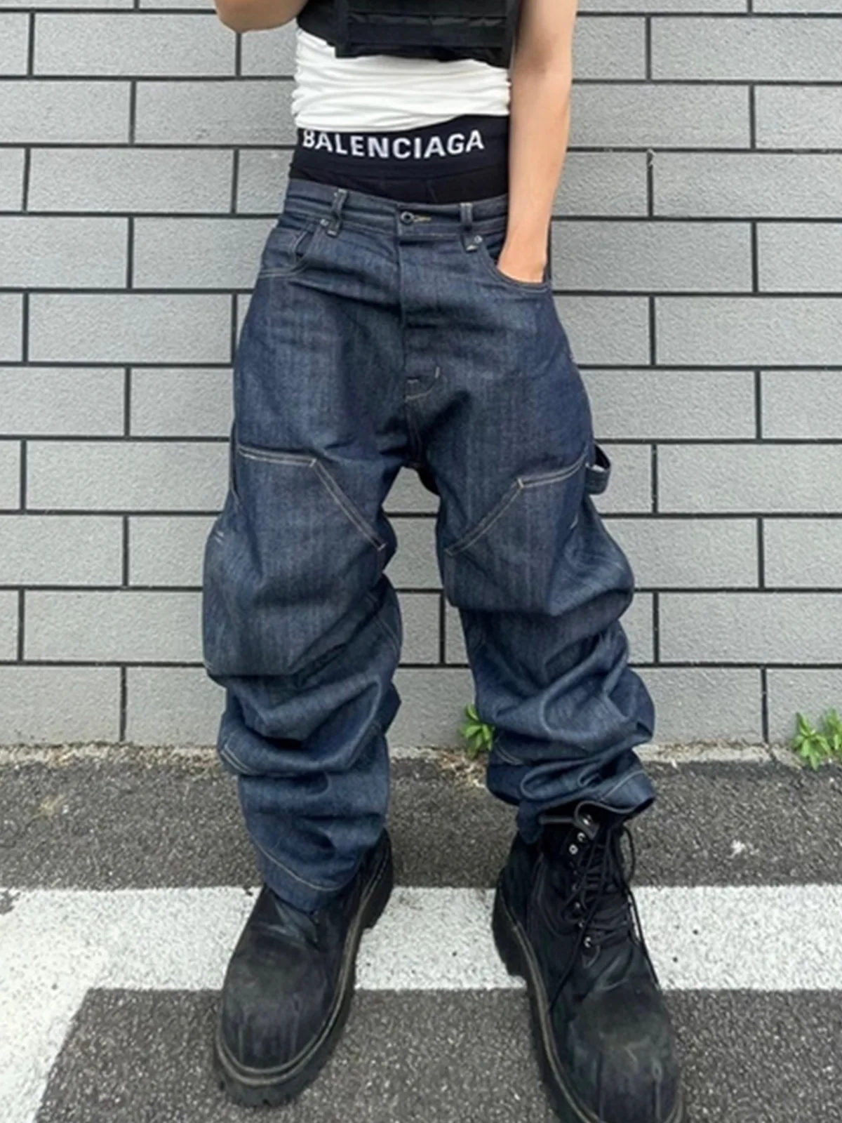 MIJKO Hip-hopowe niebieskie jeansy baggy z denimu, luźne spodnie męskie w stylu amerykańskim z szerokimi nogawkami i długim dołem, spodnie Tide ZJ081